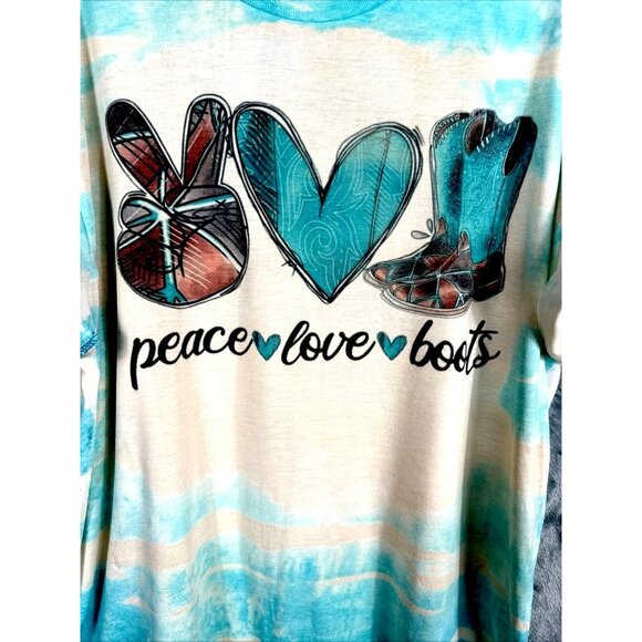 Women’s T-shirt Peace Love And Boots Cowgirl Bleached Blue Shirt Size Large - Picture 2 of 10